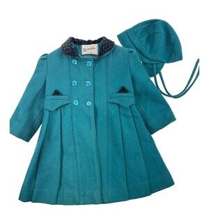 Rothschild Vintage Wool Pea Coat Green Button Flare With Hat Brim Girls Kids 4